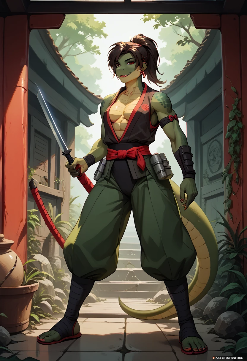 a mutant green skin buff,muscular woman wearing a ninja suit ,thick, lizard, 90’s style. She’d androgynous,equipped with some weapons and a sensual , cool expression,full body.The scene has a cool,sweet,sexual,stargate style and a vibrant tone. Modern setting in the background
