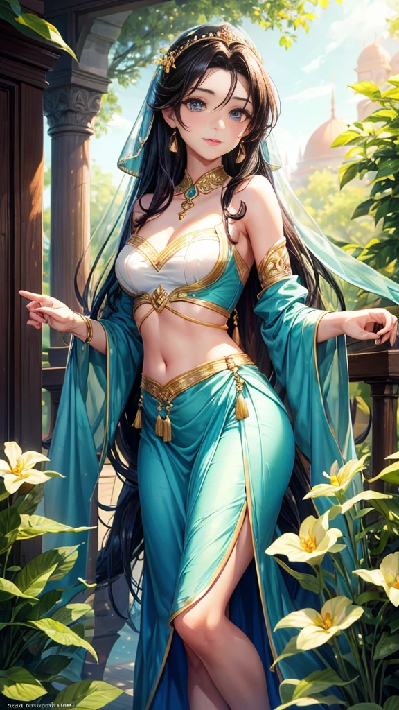 Full body photo,a beautiful female,Delicate jade feet,messy hair,teens girl,Symmetrical bun,hair adornments,jewelry,The face is delicate,eye shadows,Delicate cyan top,cropped shoulders,Crop topping,showing belly,Dunhuang style,Lots of streamers,Fine fine skin,Soft light effects,Delicate and smooth hair,exquisite detailing,eyes highlights,Fair skin,Fine portrayal,Ultimate detail,Cinematic quality,being thin,slenderness,Fragmentation,hair detail,Thin bangs,Shawl hair,Correct bodies,shadowing,Air bangs,8K,Super meticulous,Fine fabric texture,softness,complaisant,Smooth texture,Dunhuang style,Delicate pattern,correct hand painting,Smile, tsurime, surrealism, Ray tracing, hyper HD, High details, Super detail, A high resolution, 8K, yes, High quality, High details, Textured skin, ccurate