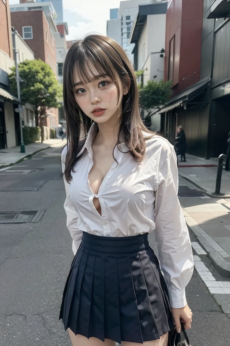 ((School uniform, white shirt, very short navy pleats skirt, panties)), ((桃のような形のお尻:1.5)), ((cleavage, medium breast)),((blunt bangs, long hair)), buttocks, panty lines, detailed face, long eyelashes, beautiful eyes, beautiful lips, photo realistic, hyper detailed, 8k, high quality, masterpiece, vibrant colors, dramatic lighting, cinematic, photorealistic, intricate details,((You can see the crack of her pussy:1.3))