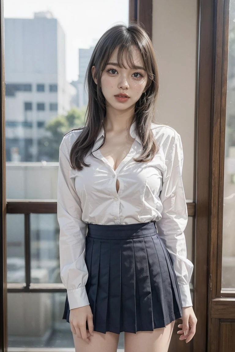 ((School uniform, white shirt, very short navy pleats skirt, panties)), ((桃のような形のお尻:1.5)), ((cleavage, medium breast)),((blunt bangs, long hair)), buttocks, panty lines, detailed face, long eyelashes, beautiful eyes, beautiful lips, photo realistic, hyper detailed, 8k, high quality, masterpiece, vibrant colors, dramatic lighting, cinematic, photorealistic, intricate details,((You can see the crack of her pussy:1.3))