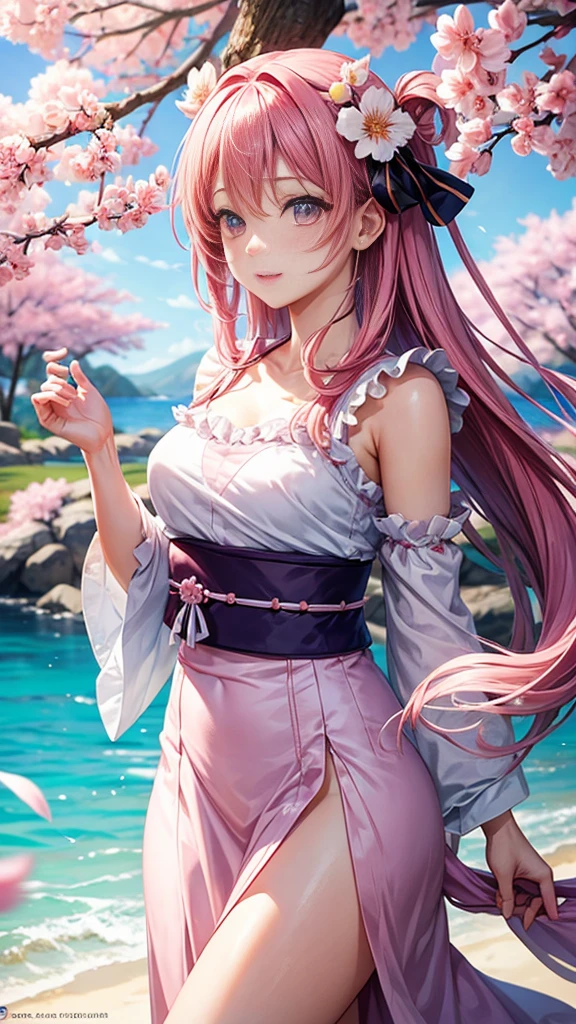 anime, one girl, colorful hair,pink hair and blue hair、 Hair is tangled, pink eyes, color、Kyoto, cherry blossoms、petal、moon,  Off-shoulder with visible nipples, sitting, alone,
