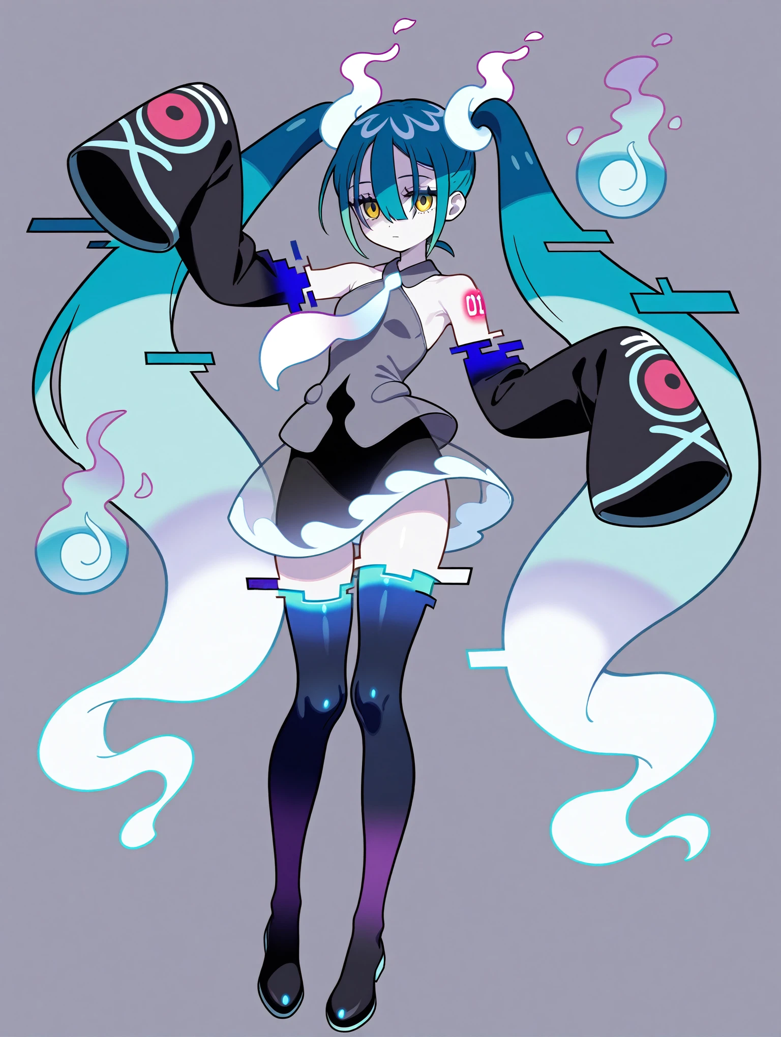 1girl, ghostmiku13, fullbody, standing, mischevious expression, looking at viewer, hair between eyes, hair covering eyes, arms up, smile, tongue out, yellow eyes, grey skirt, sleeveless dress, oversized sleeves, big sleeves, long sleeves, see-through skirt, black thighhighs, simple background, <lora:ghostmiku_02-000012:1.0>