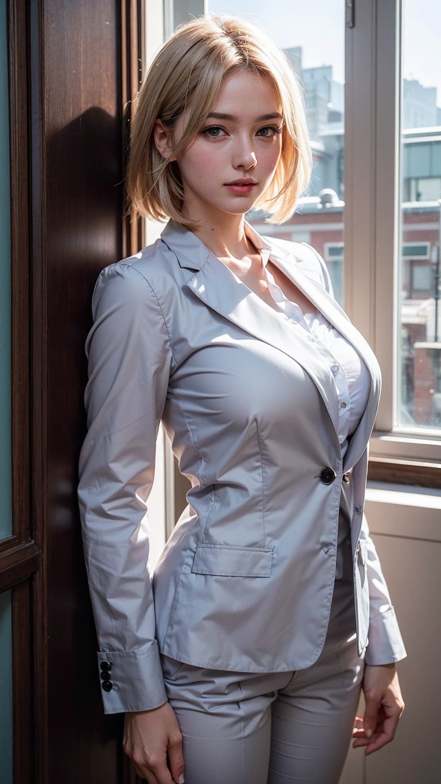 raw photo, live action, 8k, detailed photo, realistic, photorealistic, one woman, beautiful body, big, cleavage, sexy, white, blonde, short hair, white skin, suit, --auto --s2