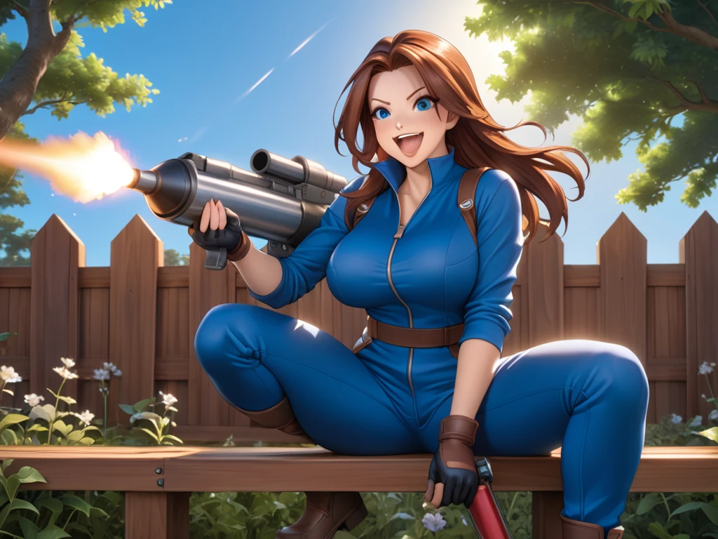 masterpiece, highest quality, medium shot, dynamic lighting, smooth shading, dynamic pose, detailed face, large breasts, sitting on a wooden fence,  beautiful eyes, sysdeep_katarina, katarina claes, blue jumpsuit, zipper down, brown hair, anime, photorealistic, blue eyes, laughing, holding a rocket launcher