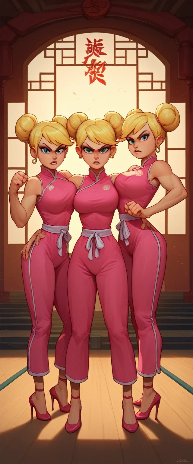 lola loud, 3girl, trio, 24yo girl, large breasts, pink cheongsam,  inside of a chinese temple, looking at viewer, blonde hair, two hair buns , hands  score_9, score_8_up, score_7_up, high heels, teep fighting stance,martial arts, triplets