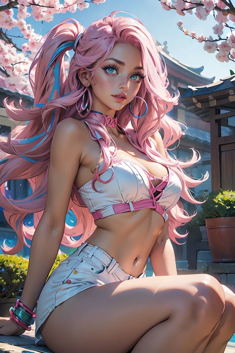 Goddess ((goddess-like woman)), slim elegant silhouette, masterpiece, best quality, (Arcade Miss Fortune/League of Legends), tanned skin, fair skin, cute face, (close angle), (masterpiece:1,2, best quality), (real image, intricate details), (1 lady, solo, medium tits), Big green eyes, kissable lips, full lips, straight hair, long Hair multi-colored hair, (Pink hair), side parting, voluminous side parting, voluminous hair, Long Hair, bracelet, hoop earrings, beautiful face, beautiful eyes, big eyes, irresistible smile, she is wearing a white ribbon, Choker, necklace, white clothes, cleavage, white bra and white shorts, forearms and armored boots, sweet irresistible smile, elegant pose, elegant hands, beautiful hands, perfect fingers, background: sky, Japanese garden cherry trees, cherry blossoms, blue sky