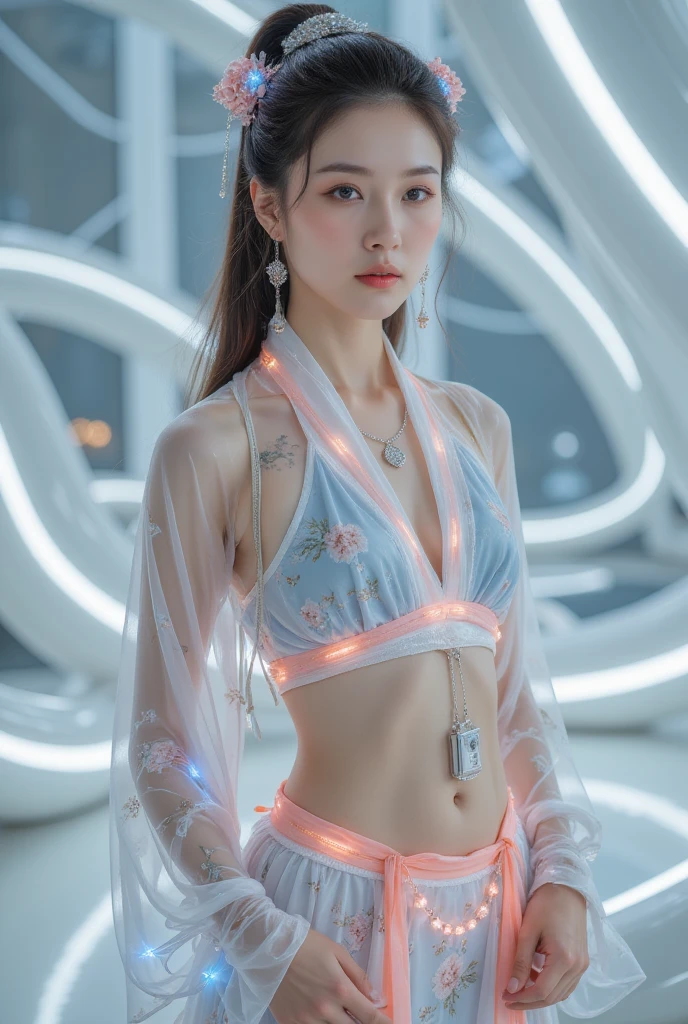 Tang Suit， Chinese Hanfu ， an image of a woman wearing colorful technology,   in a flowing surrealist style , Shiny/Glossy, Accurate and realistic, Hard Surface Modeling, Precisionism,  light silver and sky blue , project/Architecture and design ，Luminous headphones, Glowing Hair Accessories, Long hair, Luminous Earrings, Glowing necklace,  cyberpunk , transparent clothes 