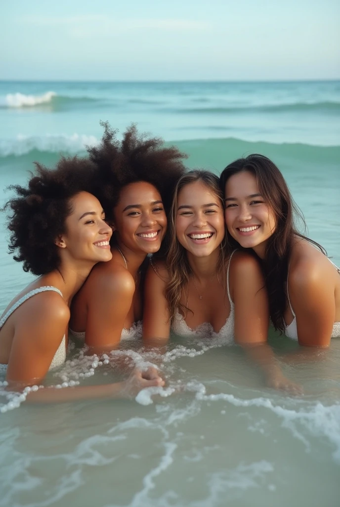 nsfw three females, natural face and body, 13-year-old, African, natural, romantic, showing off, playing, tan lines, nude, partly open legs, visor, celebrating, laughing, on a raft in ocean
