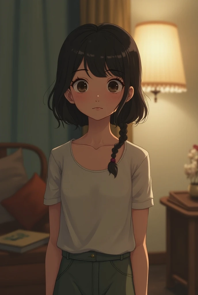 A girl wearing yellow sleeveless frock feeling bad and afraid of taking possessions of her mother and thinking about her mother 