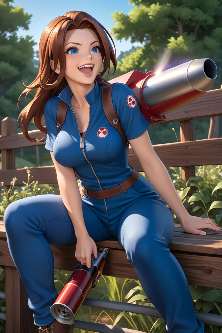 masterpiece, highest quality, medium shot, dynamic lighting, smooth shading, dynamic pose, detailed face, large breasts, sitting on a wooden fence,  beautiful eyes, sysdeep_katarina, katarina claes, blue jumpsuit, slim waist, zipper down, brown hair, anime, photorealistic, blue eyes, laughing, holding a rocket launcher