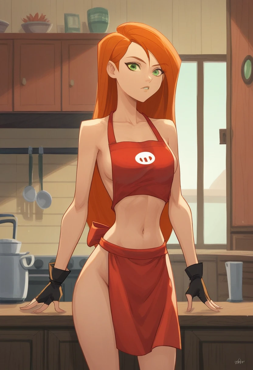 KimPos, score_9, 1girl, solo, green eyes, cartoon, long hair, orange hair, red hair, fingerless gloves, apron, nude,navel,green eyes,midriff,orange hair,room,room background,cowboy shot, apron