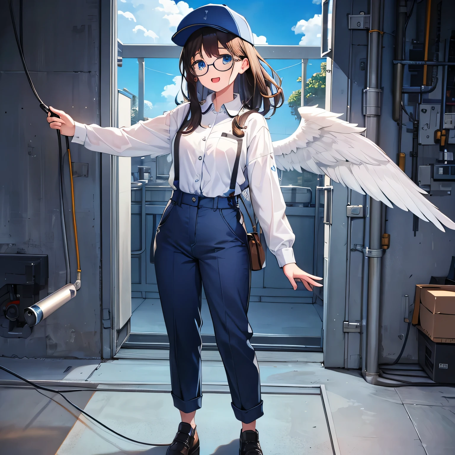 Top quality, best picture quality, 1080p, 8K, masterpiece, first class, perfect face, attention to detail, one of a kind, full body, front view, in factory, female worker, small breasts, thin, factory work clothes (same color buttons), factory work pants, cloth work hat, no gloves, glasses, long dark brown hair, angel smile, Beautiful blue eyes, open mouth, blue cord around neck, clothes not transparent, glasses, open mouth, (right hand bent, palm up) blue cord around neck, rectangular transparent case.