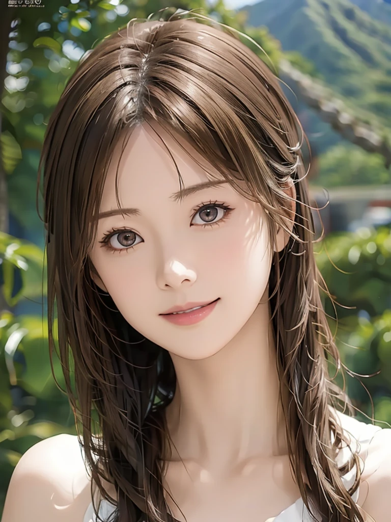  high resolution on down, 8k, Best Quality,  Details, Semi-realistic anime, 3D anime style,  Smooth Animated CG ,  one girl playing pranks,  A 20-year-old Japanese woman , slim, Modeling,  Shiny brown hair ,  Detailsな顔, Beautiful and  Details,  glowing skin  ,  Hard Focus 、 film grain,  Soft Lighting,  watching the audience in the cloud , smile, (Mountain Climbing Girl 、Mountaineering clothing),  Mountain Views 、City and Ocean Views 