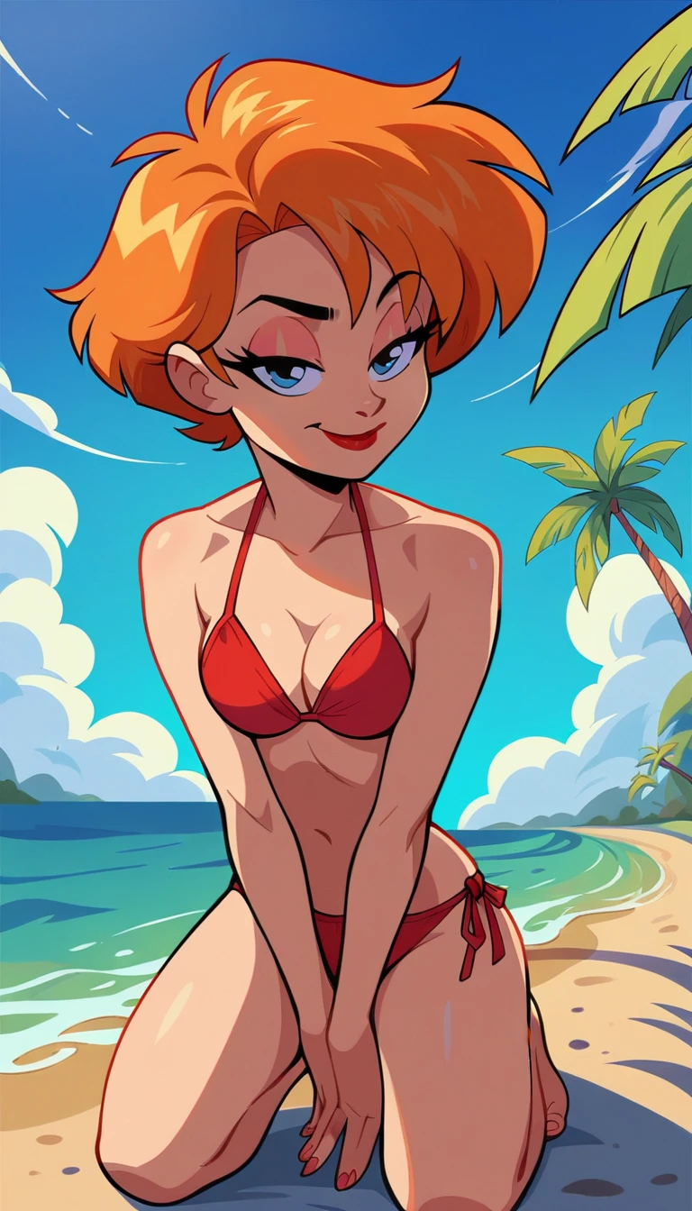 close up 1girl in, teenager, Solo, (short pixie cut Hair, red hair: 1.28), ((light gray eyes)), some small freckles, pale skin, medium breasts, cleavage, runners body, (thin hips, thin waist: 1.25), (arched back:1.12), detailed skin, neutral face, shy smile, revealing clothes, (wearing only a bikini: 1.5), looking at viewer, (groping chest: 1.37), (dark fox ears:1.25), (on a sandy beach: 1.1), relaxing, 4k textures, soft light, elegant, highly detailed, sharp focus, soothing tones,