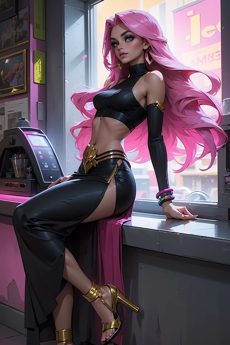 Goddess ((goddess-like woman)), slim elegant silhouette, masterpiece, best quality, (Arcade Miss Fortune/League of Legends), tanned skin, fair skin, cute face, (close angle), (masterpiece:1,2, best quality), (real image, intricate details), (1 lady, solo, medium tits), Big green eyes, kissable lips, full lips, straight hair, long Hair multi-colored hair, (Pink hair), side parting, voluminous side parting, voluminous hair, Long Hair, bracelet, hoop earrings, beautiful face, beautiful eyes, big eyes, irresistible smile, she Wears a Zipper Cropped Sweater and hip-high long black skirt with a slit on the side, , z1pp3rsw3at3r, ruch3dband3aus3t,, bare shoulders, midriff, off shoulder, sleeves past wrists, zipper sweater midriff, high heels,long skirt, slit, strappy heels, background:town, in a small coffee shop, stands in front of a large window where you can see the street in front of the coffee shop.