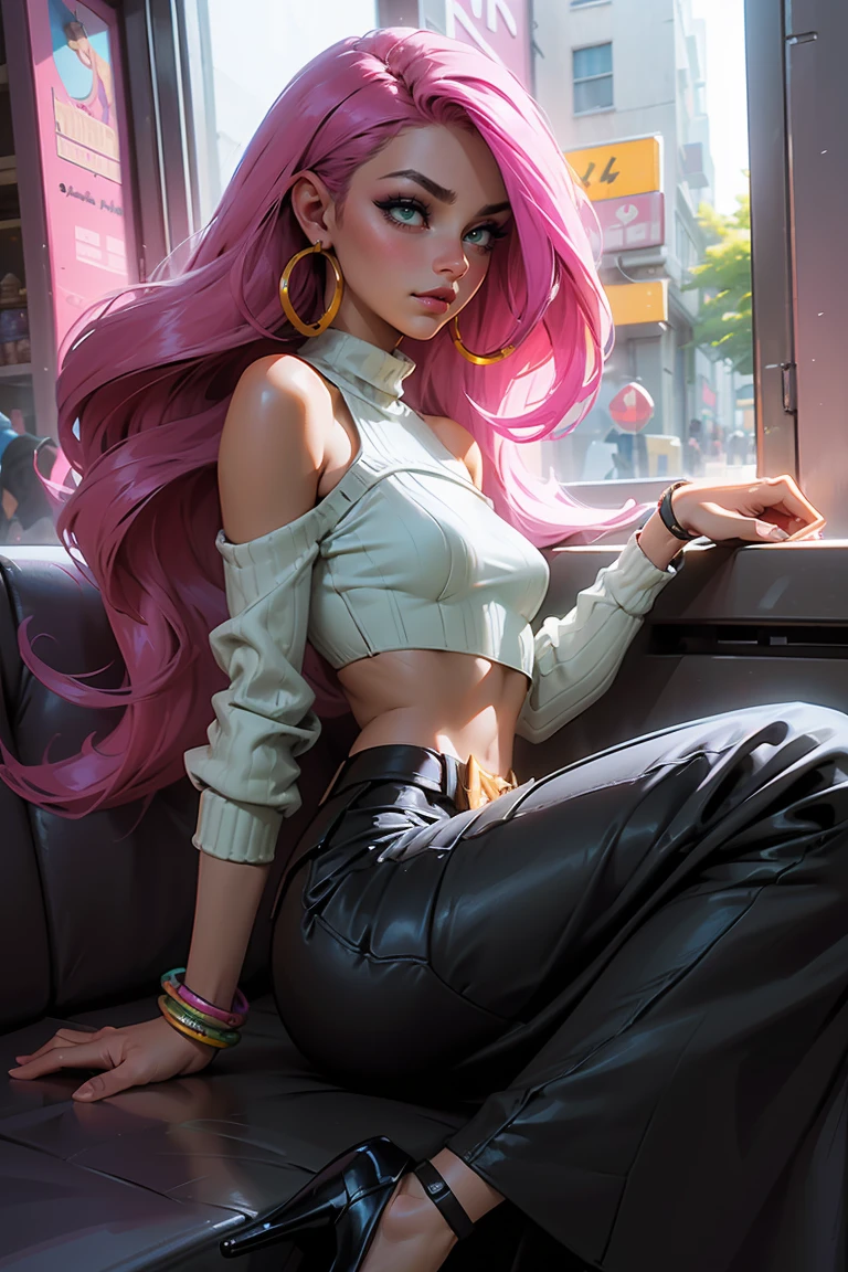 Goddess ((goddess-like woman)), slim elegant silhouette, masterpiece, best quality, (Arcade Miss Fortune/League of Legends), tanned skin, fair skin, cute face, (close angle), (masterpiece:1,2, best quality), (real image, intricate details), (1 lady, solo, medium tits), Big green eyes, kissable lips, full lips, straight hair, long Hair multi-colored hair, (Pink hair), side parting, voluminous side parting, voluminous hair, Long Hair, bracelet, hoop earrings, beautiful face, beautiful eyes, big eyes, irresistible smile, she Wears a Zipper Cropped Sweater and hip-high long black skirt with a slit on the side, , z1pp3rsw3at3r, ruch3dband3aus3t,, bare shoulders, midriff, off shoulder, sleeves past wrists, zipper sweater midriff, high heels,long skirt, slit, strappy heels, background:town, in a small coffee shop, stands in front of a large window where you can see the street in front of the coffee shop.