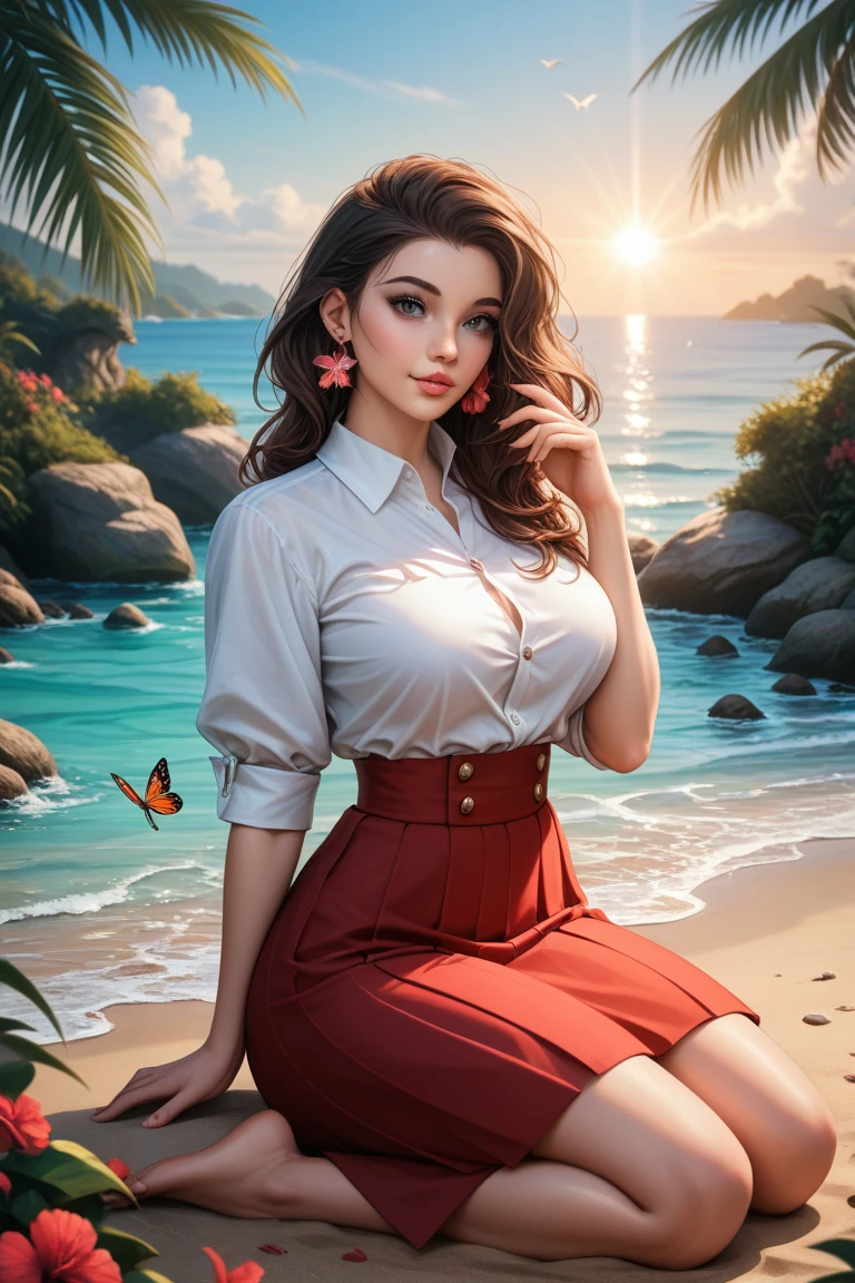 Create an ultra-high resolution image with photorealistic details, 8K quality, sharp focus, and impeccable lighting. Utilize advanced rendering techniques, ray tracing, and global illumination for maximum realism. Depict a beautiful, voluptuous woman with full, natural, and soft curves; ample, gentle breasts; and rounded, feminine hips. She has very long, flowing brown hair that complements her warm, soft beige skin tone. Her features include soft rose lips and warm brown eyeshadow that enhance her inviting, romantic look. She smiles with a gentle warmth, exuding a joyful and fun-loving spirit. A vibrant hibiscus flower adorns her hair, and she wears small ruby stone earrings. She’s dressed in a soft, white oversized button-down shirt that’s tied at the waist and has a rugged, worn texture with frayed edges, paired with a loose, airy red skirt that shares a similarly weathered look. She’s barefoot, sitting cross-legged with one hand resting gracefully on her knee. The setting is a serene, deserted tropical island, framed by tall palm trees and a peaceful beach at dusk with soft fog drifting in the background. Birds fly across the dim sky, butterflies hover nearby, and shells and starfish are scattered on the sand. Soft, warm sunset light creates a romantic atmosphere, with gentle reflections off the water and a foggy backdrop that adds depth. Diffused light subtly highlights her feminine curves, enhancing her natural allure. Camera focus on her upper body, using a 35mm lens with a bokeh effect and Depth of Field.