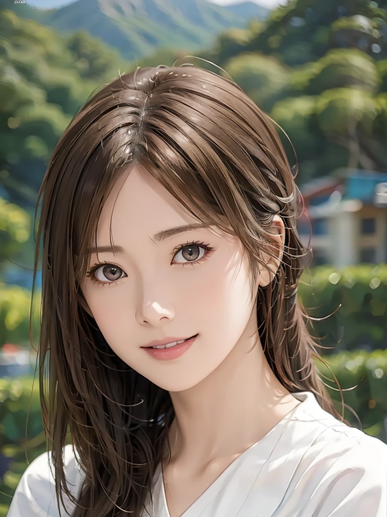  high resolution on down, 8k, Best Quality,  Details, Semi-realistic anime, 3D anime style,  Smooth Animated CG ,  one girl playing pranks,  A 20-year-old Japanese woman , slim, Modeling,  Shiny brown hair ,  Detailsな顔, Beautiful and  Details,  glowing skin  ,  Hard Focus 、 film grain,  soft writing,  watching the audience in the cloud , smile, (Mountain Climbing Girl 、Mountaineering clothing),  Mountain Views 、City and Ocean Views 