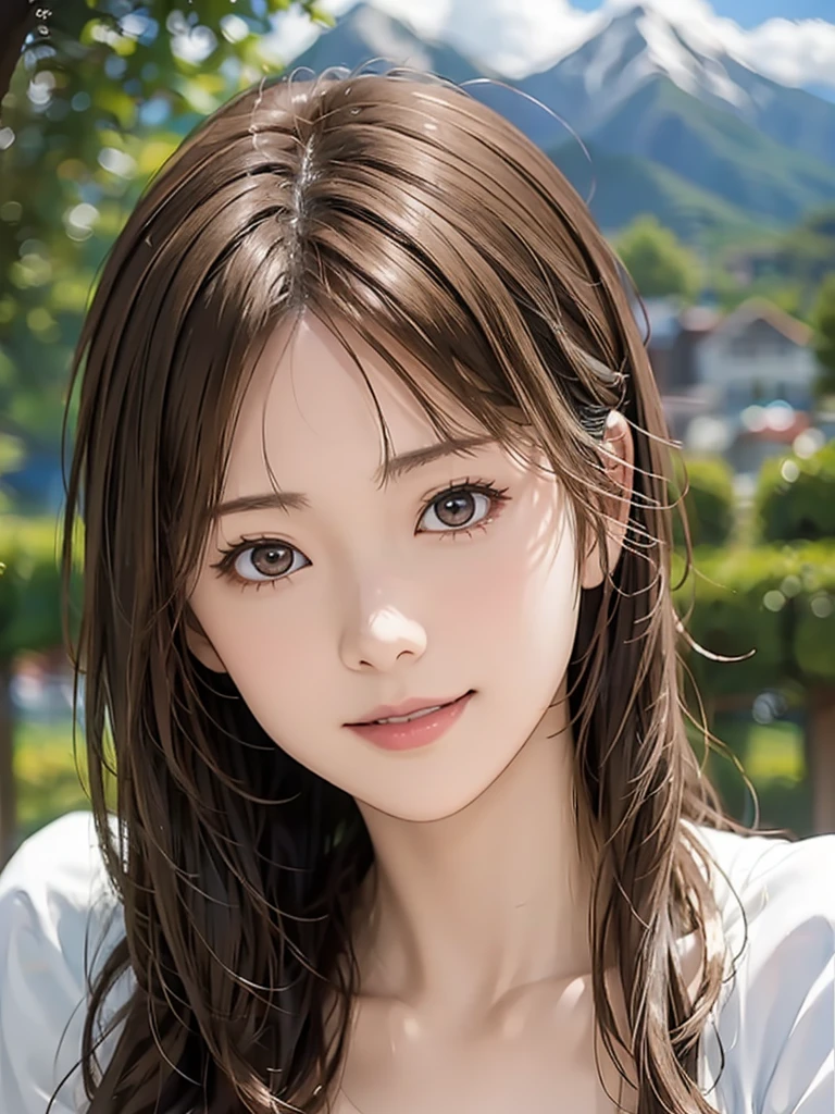  high resolution on down, 8k, Best Quality,  Details, Semi-realistic anime, 3D anime style,  Smooth Animated CG ,  one girl playing pranks,  A 20-year-old Japanese woman , slim, Modeling,  Shiny brown hair ,  Detailsな顔, Beautiful and  Details,  Glowing Skin ,  Hard Focus 、 film grain,  soft writing,  watching the audience in the cloud , smile, (Mountain Climbing Girl 、Mountaineering clothing),  Mountain Views 、City and Ocean Views 