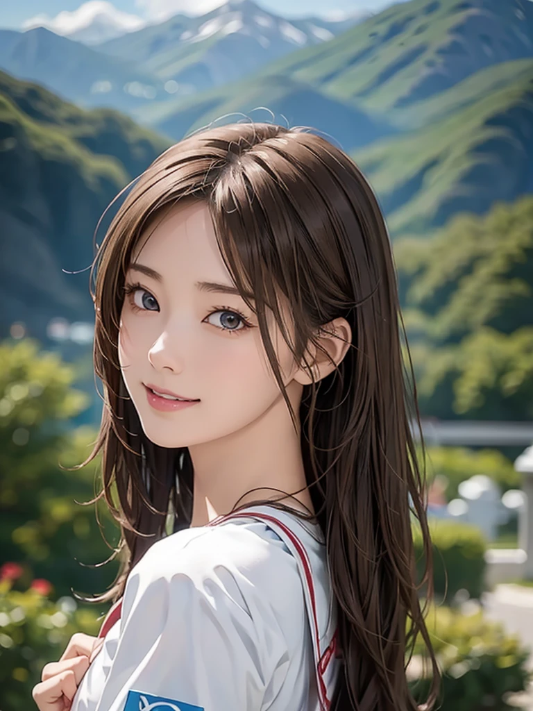  high resolution on down, 8k, Best Quality,  Details, Semi-realistic anime, 3D anime style,  Smooth Animated CG ,  one girl playing pranks,  A 20-year-old Japanese woman , slim, Modeling,  Shiny brown hair ,  Detailsな顔, Beautiful and  Details,  glowing skin  ,  Hard Focus 、 film grain,  soft writing,  watching the audience in the cloud , smile, (Mountain Climbing Girl 、Mountaineering clothing),  Mountain Views 、City and Ocean Views 