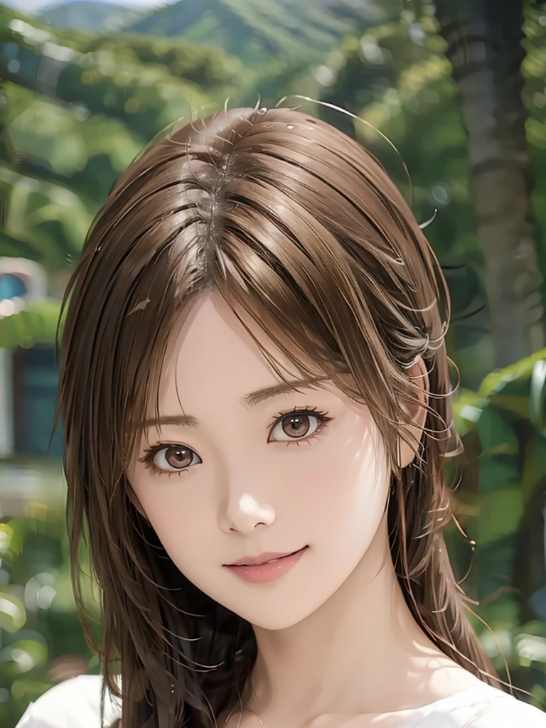  high resolution on down, 8k, Best Quality,  Details, Semi-realistic anime, 3D anime style,  Smooth Animated CG ,  one girl playing pranks,  A 20-year-old Japanese woman , slim, Modeling,  Shiny brown hair ,  Detailsな顔, Beautiful and  Details,  glowing skin  ,  Hard Focus 、 film grain,  soft writing,  watching the audience in the cloud , smile, (Mountain Climbing Girl 、Mountaineering clothing),  Mountain Views 、City and Ocean Views 