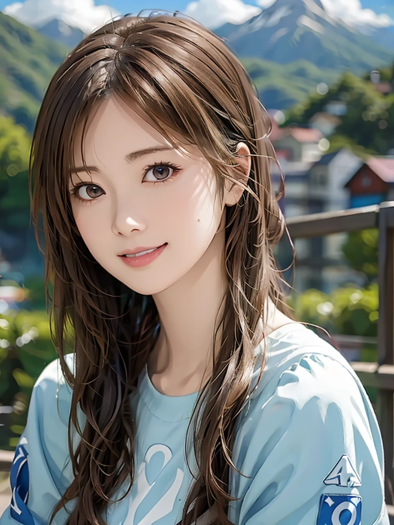  high resolution on down, 8k, Best Quality,  Details, Semi-realistic anime, 3D anime style,  Smooth Animated CG ,  one girl playing pranks,  A 20-year-old Japanese woman , slim, Modeling,  Shiny brown hair ,  Detailsな顔, Beautiful and  Details,  glowing skin  ,  Hard Focus 、 film grain,  soft writing,  watching the audience in the cloud , smile, (Mountain Climbing Girl 、Mountaineering clothing),  Mountain Views 、City and Ocean Views 