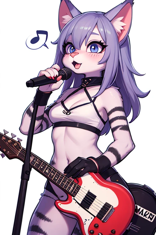 boy, cat, furry, bodyfur, tail, blue collar, blue bra, bottomless, blue gloves, blue boots, chibi, sparkling eyes, from below, cute, playing the guitar, singing