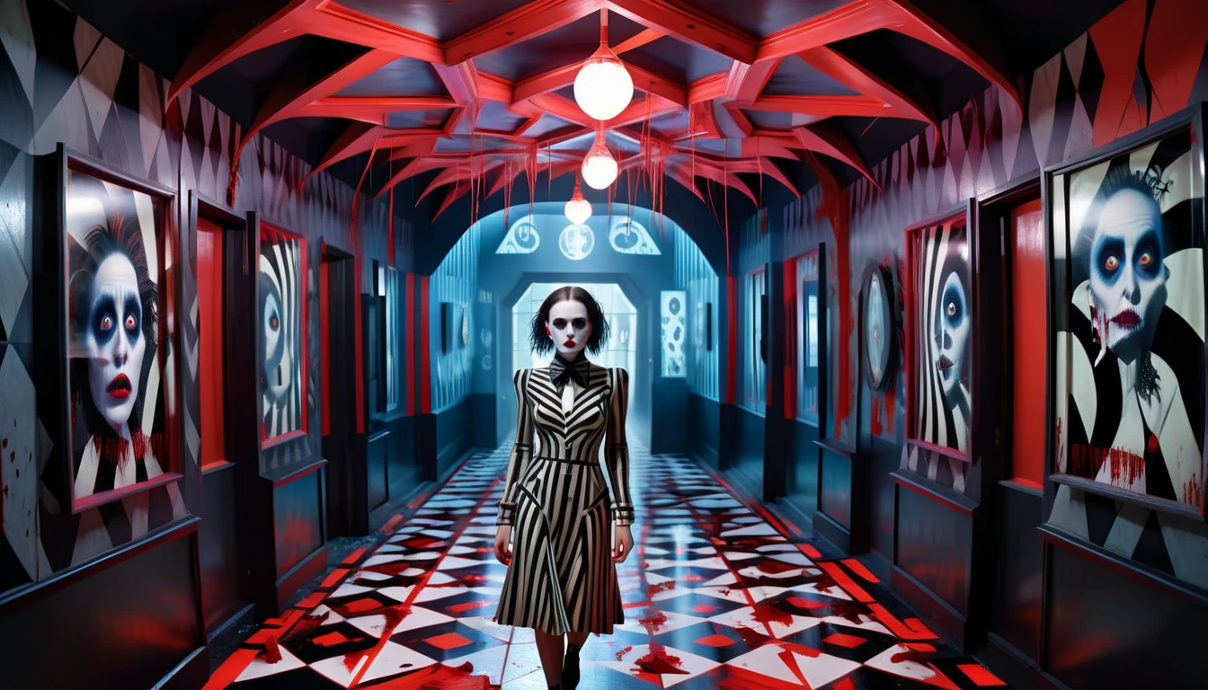 3d, Winona Ryder in Beetlejuice Twisted geometric patterns, kaleidoscopic nightmares, shattered illusions, blood-red angles, haute couture in chaos, Escher-inspired Fashion Weekly, labyrinthine corridors bathed in ominous neon lights, focus on the face, macabre, (tim burton style:1.25), eye-catching colors making strong contrasts masterpiece 