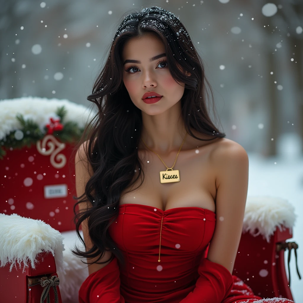(best quality, highres, ultra-detailed), a girl in the winter night, (((1girl))),(((solo))),(((a girl alone))),(18years old),[the face is combination of (((irene1:1.2))) and (((Excella_er5:1.2)))],(sharp focus:1.5),beautiful detailed eyes,beautiful detailed lips,extremely detailed eyes and face,long eyelashes,gorgeous girl,feminine charm,pearl skin,(skin pores:1.1),extremely detailed face and skin texture,(skin texture:1.1),black hair,soft and smooth hair,tall and slender body,(192cm tall),thin and delicate figure,graceful posture,strong and defined muscles,flawless skin,defined abs,perfect curves,feminine appearance,beautiful long legs,embodying elegance and beauty,happy expression,full-smile,seductive eyes and sensual lips,large breasts,cleavage breasts,((wearing a ((red)) minidress:1.3)),(no panty),(ultra-short minidress), (winter wonderland, snowy landscape), cozy knitted scarf and hat, warm breath in the cold air, (soft snowflakes falling, pure white snow covering the ground), (twinkling stars illuminating the sky, moonlight casting a soft glow), (frosty trees surrounded by silence), (subtle shades of blue and purple), (magical, ethereal lighting), (dreamy, whimsical atmosphere), (portrait:1.1, upper-body view, ice princess), (dazzling beauty, serene expression), (peaceful and calm ambiance).
