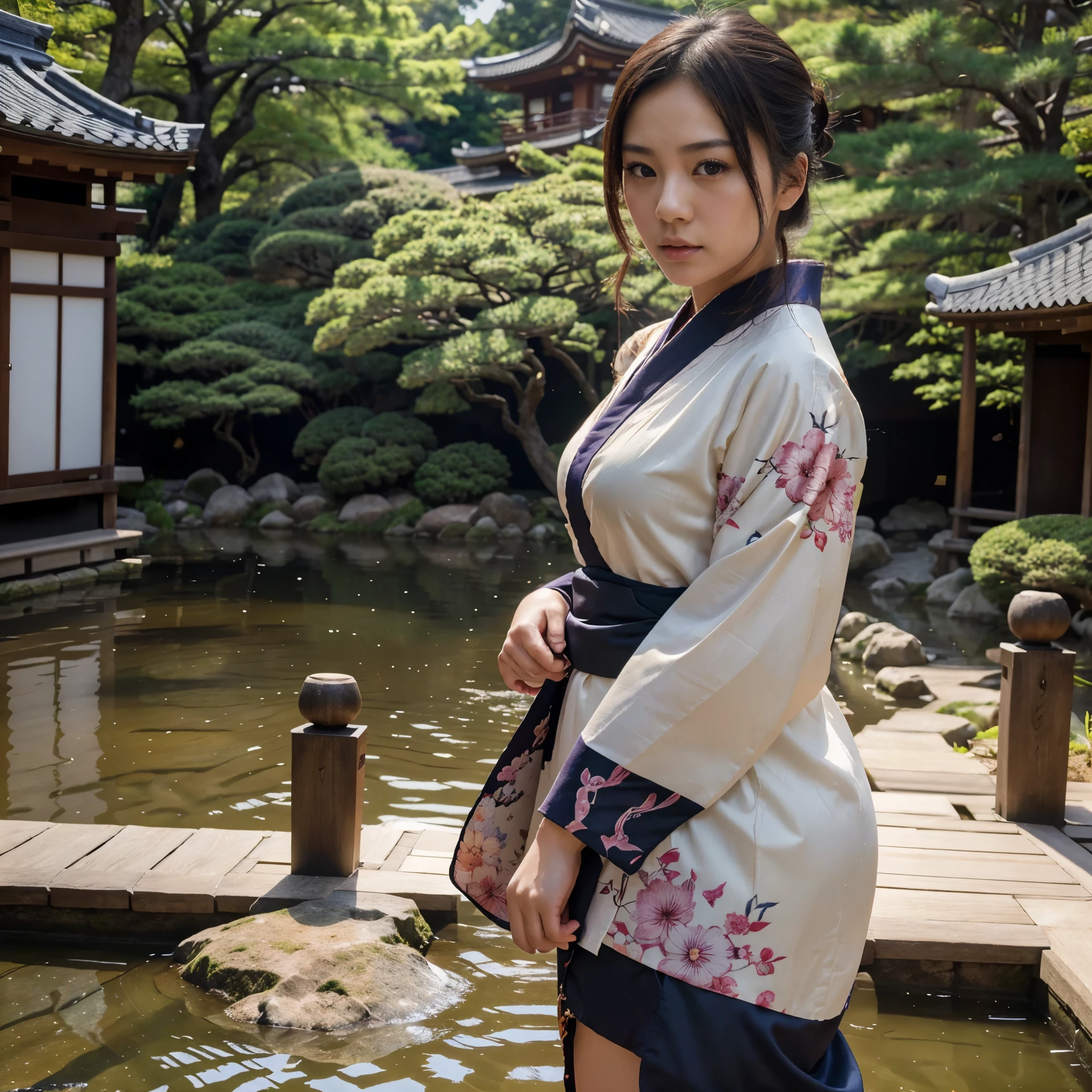 1girl, greek kimono dress, bare shoulder, detailed face, looking at viewer, dry hair, very long loose hair, bangs, short twintails, delicate obi, steel plate trimmed thigh high, cobblestone path, (masterpiece, raw photo, high quality, photorealistic), dynamic particles effect, cinematic lighting, (lens flare:0.6), ray tracing, fantasy, cherry blossom, black hair, gentle windswept, fluttering petals, 