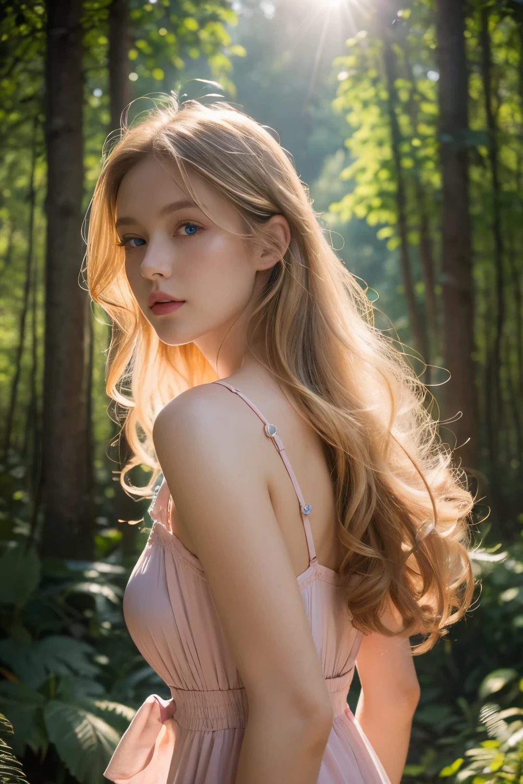 (masterpiece, best quality:1.2), (super details), (award winning), (realistic), (photography), modeling shoot, 1girl, blue eyes, beautiful eyes, curly blond hair, pink sundress, standing in the woods, (beautiful face), ray of sunlight, vibrant lighting, high-key lighting, lens flare, glowing light