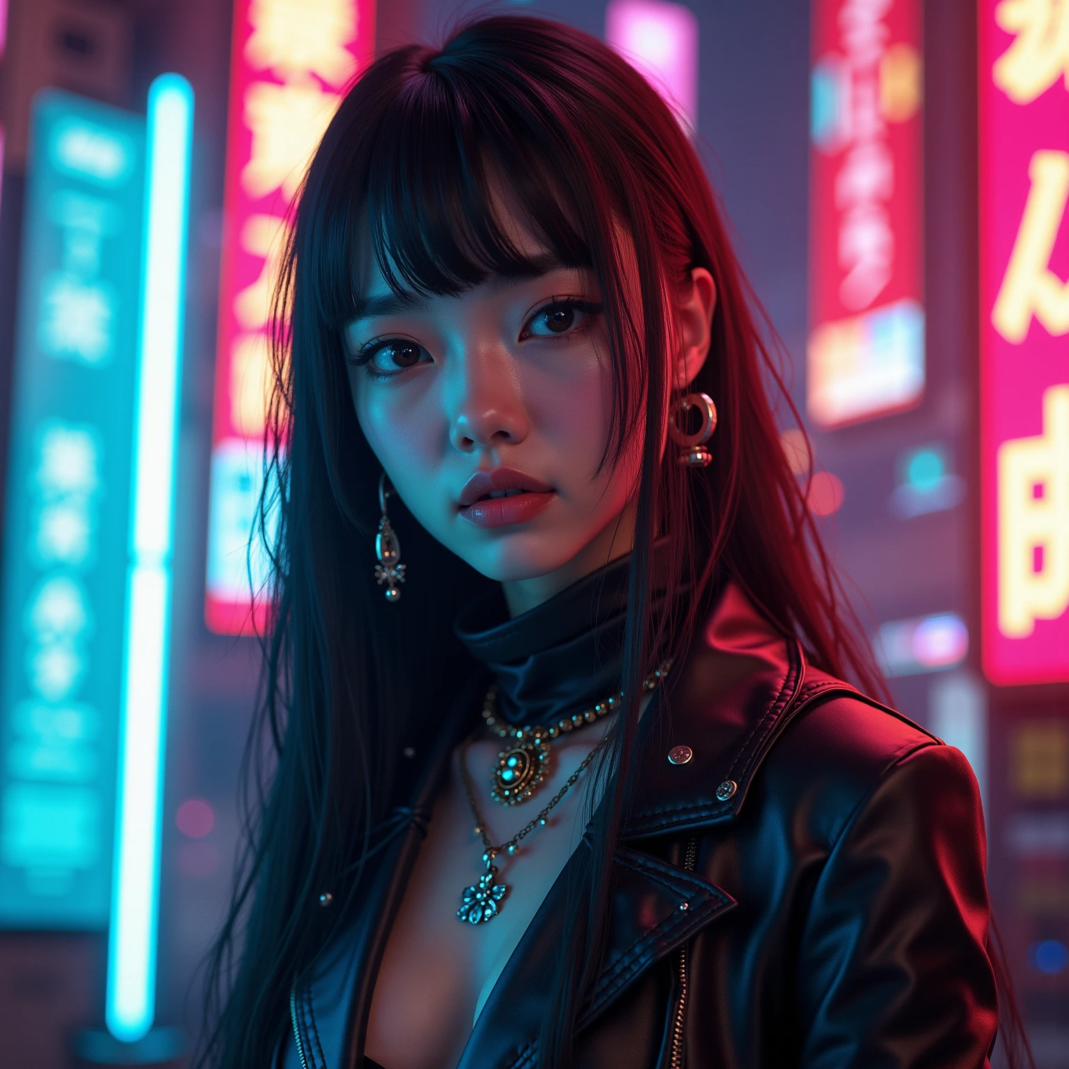 Cyberpunk,1girl,solo,long hair,blurry,neon lights,looking at viewer,cyberpunk,black hair,blurry background,parted lips,lips,upper body,depth of field,science fiction,jacket,outdoors,black eyes,
1girl,best quality,masterpiece,illustration,an extremely delicate and beautiful,CG,unity,8k wallpaper,realistic,Amazing,finely detail,masterpiece,official art,extremely detailed CG unity 8k wallpaper,incredibly absurdres,huge filesize,ultra-detailed,highres,extremely detailed,beautiful detailed girl,<lora:Cyberpunk_20240131072835:0.8>,