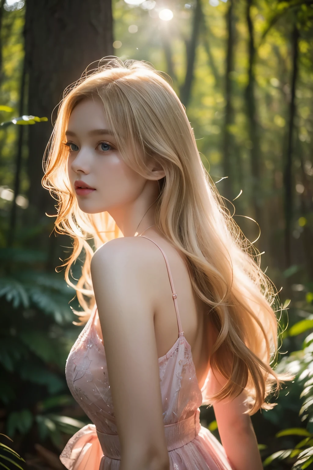 (8k), (masterpiece), (best quality), (super details), (award winning), (realistic), lens flare, glowing light, woman in a pink dress standing in the woods, (photography), modeling shoot, beautiful girl, (beautiful face:0.8), slender blonde girl, fashion photography portrait, pale skin curly blond hair