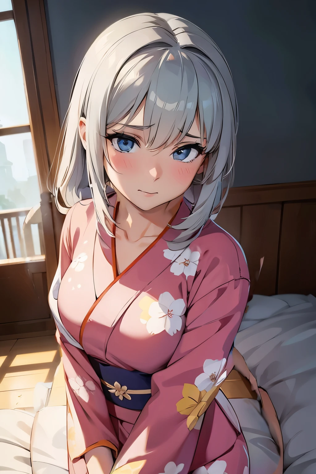 One Woman、 (((dark skin))), Beautiful silver hair、((((Very short hair))))、French braids、skyblue eyes、Beautiful Eyes、(hair band)、(((Blunt bangs))), ((Medium Chest)), Off the shoulder、24-years-old、Tight waist, night、Luxurious Japanese-style room、On a luxurious futon、frog-sit on the floor、((Pink long-sleeved kimono))、Long flower hair ornament、Pout your lips、blush、Embarrassing、lying, spread legs, panties、Looking up at the viewer、from the front、cowboy shot, low angle shot, skirt lift,