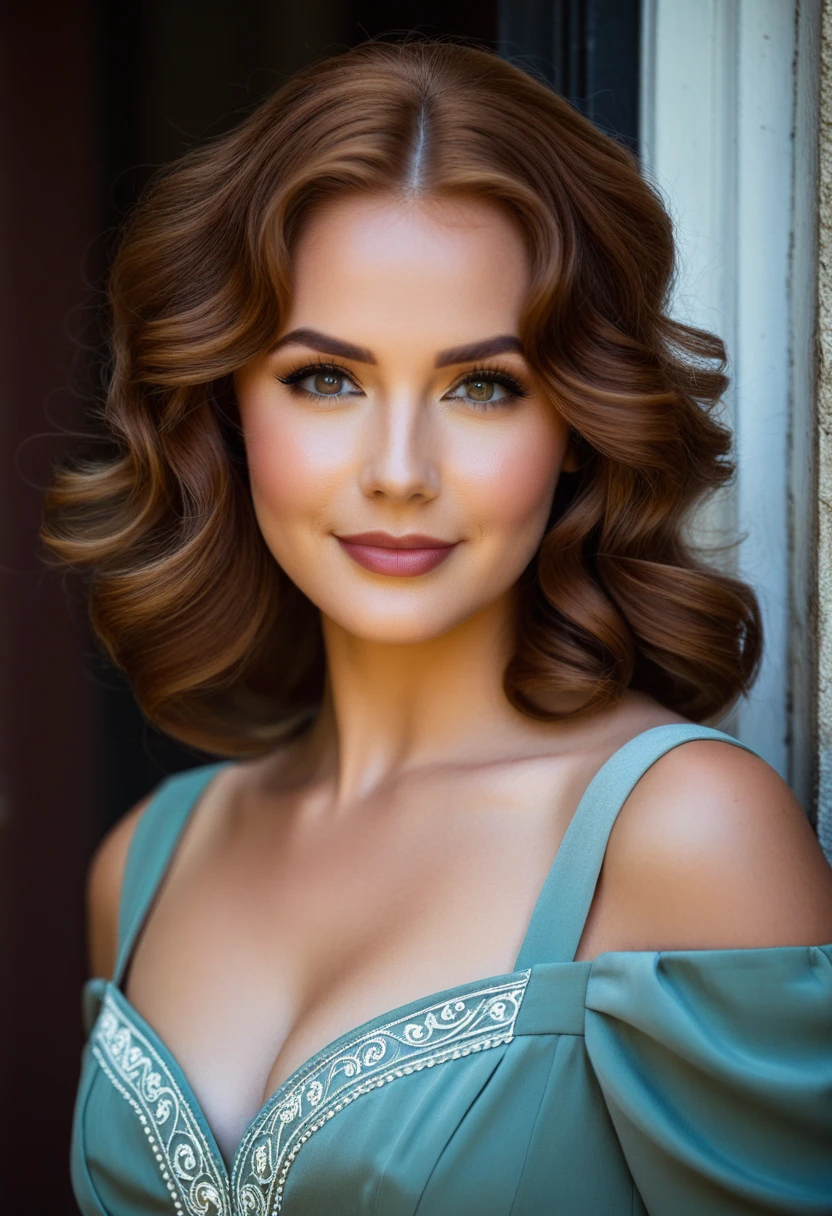 A portrait photograph of a woman with shoulder-length, wavy reddish-brown hair. She has striking eyes accentuated by makeup, defined eyebrows, and eyeliner. in front of an aged building entrance. Her expression is cute and engaging as she looks directly at the camera. cinematic film still, SMILE, shallow depth of field, vignette, Very detailed, cinemascope, moody, amazing, beautiful, colonial dress, perfect body, blonde hair, defined, defined, ultra realistic,