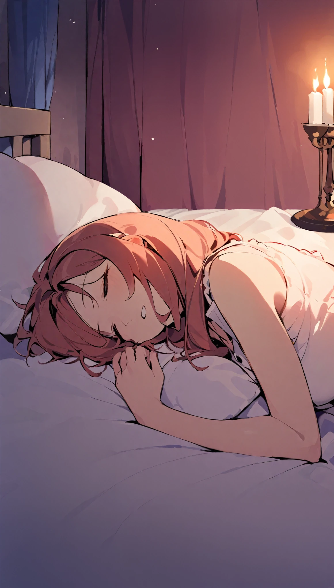 score_9, score_8_up, score_7_up, score_6_up, score_5_up, score_4_up,A mature woman is moaning on a bed in a bedroom, her pajamas are disheveled, she is sweating, her buttons are undone, her underwear is exposed, her pajama pants are half off, candle light, she is sleeping on her side