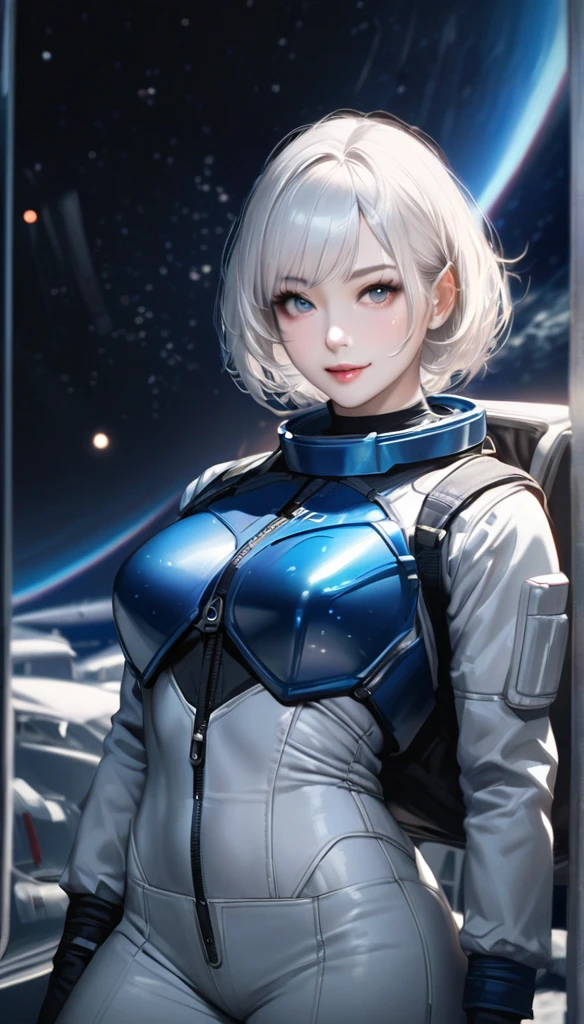  is the best quality,  Ultra High Resolution , ( realistic : 1.4), Depth of Field,  pretty face , (pureerosface_v1: 0.8), Half Body, | | 1 Girl, Medium bust size, (White hair: 1.3), Innocent smile, Natural Makeup, | | | Model pose, | | (Space suit: 1.3), (Blue Armor: 1.3), Exquisite design, | |  space background , Star_(Sky), moonlight, night, | |