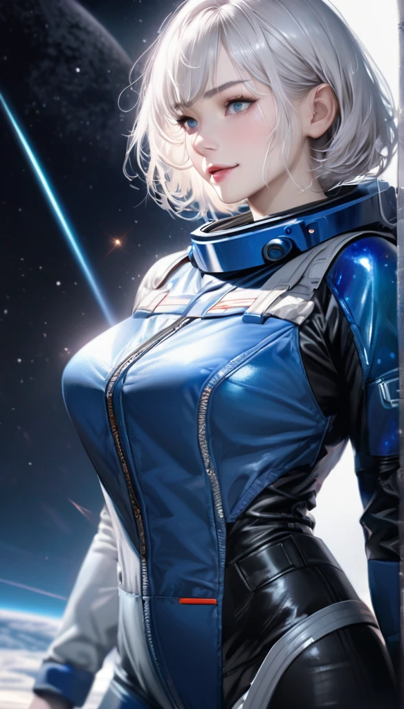  is the best quality,  Ultra High Resolution , ( realistic : 1.4), Depth of Field,  pretty face , (pureerosface_v1: 0.8), Half Body, | | 1 Girl, Medium bust size, (White hair: 1.3), Innocent smile, Natural Makeup, | | | Model pose, | | (Space suit: 1.3), (Blue Armor: 1.3), Exquisite design, | |  space background , Star_(Sky), moonlight, night, | |