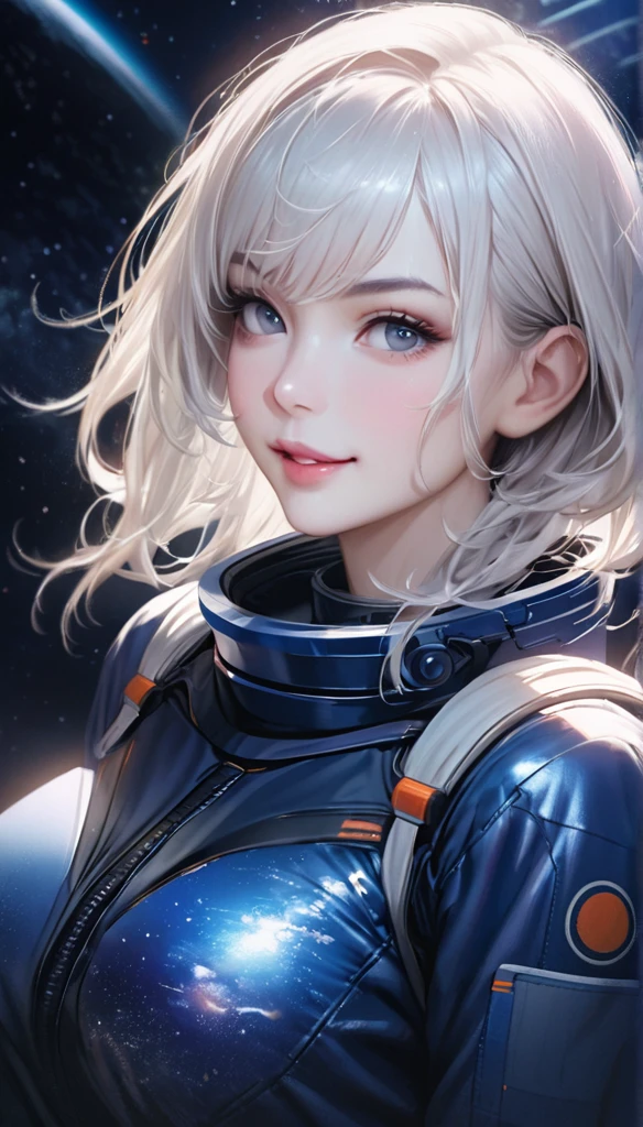  is the best quality,  Ultra High Resolution , ( realistic : 1.4), Depth of Field,  pretty face , (pureerosface_v1: 0.8), Half Body, | | 1 Girl, Medium bust size, (White hair: 1.3), Innocent smile, Natural Makeup, | | | Model pose, | | (Space suit: 1.3), (Blue Armor: 1.3), Exquisite design, | |  space background , Star_(Sky), moonlight, night, | |