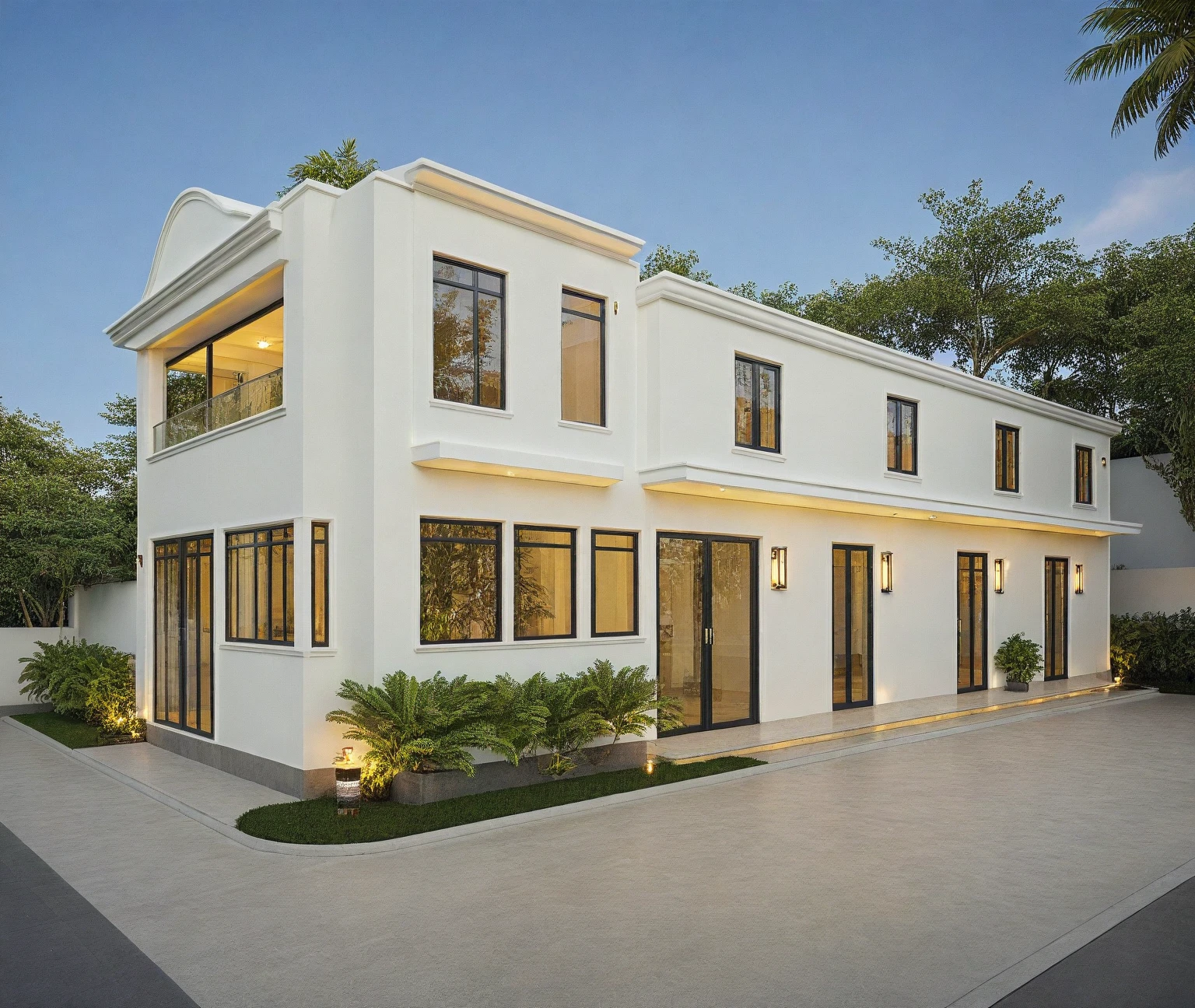 neo classical villa on street, (daylight), tropical tree, vivid colour, streetcapes, white tone, black detail, white wall, large glass door, warm interior lighting, best quality, masterpiece, ultra realistic