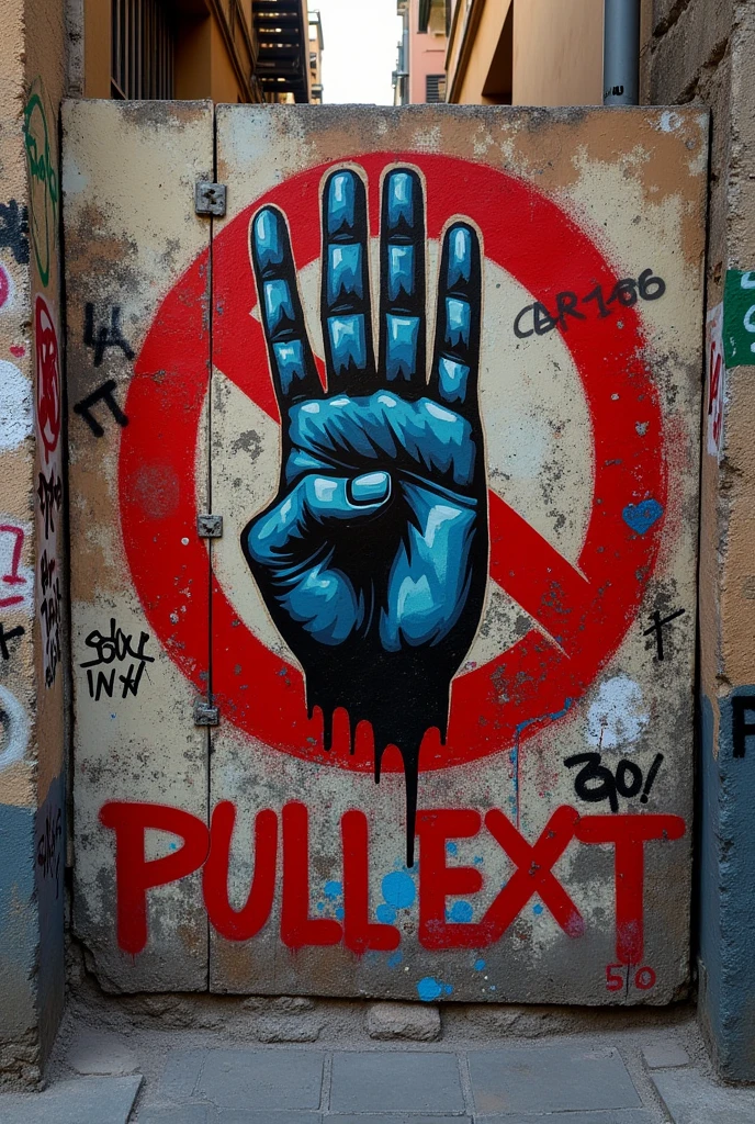 This intricate urban landscape portrays a gritty yet creatively charged atmosphere. At the center stands a weathered metal door, its surface now transformed into an expressive canvas by a bold red graffiti of a hand forming a "three" sign with its thumb, index, and middle finger. The hand symbol seemingly defies the surrounding environment's apparent neglect.
The door is set within a wall that has seen better days, a patchwork of decaying white bricks, some still bearing traces of old paint, while others are marred by various graffiti tags in a myriad of colors. The vividness of the red hand contrasts sharply with the muted tones and textures of the crumbling wall, highlighting its modern presence amidst the historical layers.
Around the doorframe, more graffiti adorns the space, including an enigmatic black tag just above the door, its letters seemingly fading into the background, and a blue figure to the left side of the door, adding depth and complexity to the artistic narrative. The overall effect is one of a dynamic interplay between decay and creativity, as if the very walls are breathing life through their marks.
The vegetation below, growing unchecked at the base of the wall, further accentuates the scene's untamed nature. It partially obscures the concrete and wooden plank pathway leading to the door, a reminder that even amidst urban blight, the natural world persists in its own tenacious way. The entire setting is a testament to human resilience and artistic expression in the face of urban decay.