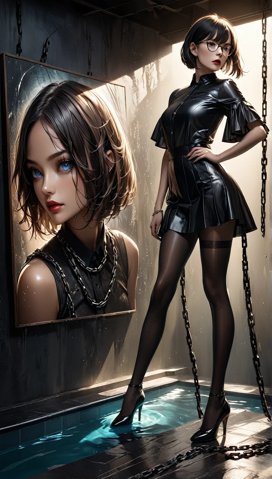 score_9, score_8_up, score_7_up, 1girl (medium full shot) of (alluring young woman:1.1) dominatrix, japanese with black hair styled in twin-tails, dark brown eyes, pale skin, petite, wearing Satin bustier with sweetheart neckline, satin shorts with lace trim, satin blindfold with ribbon ties, satin wrist cuffs, leather spiked choker, latex gloves, leather bondage cuffs, surprised, open mouth, she's making a vulcan salute to the viewer, .set in public Toilet, Industrial chic, exposed pipes, concrete floors, stainless steel sinks, Edison bulb lighting fixtures, graffiti-style artwork adorning the walls . ,Masterpiece,best quality, photorealistic, amazing quality, very aesthetic, extremely detailed face,