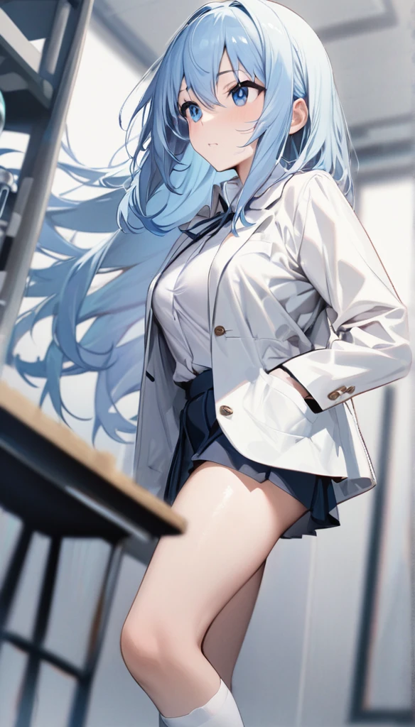 masterpiece,  is the best quality,  high quality ,  High Res, 1 Girl,  alone , Aqua (Konosuba),  blue hair, Long hair,  blue eyes,  white shirt  ,Long white coat, Black office skirt, Thigh socks, whole body,  to a standing,  puts her hand in her pocket, Boring, Depth of Field, laboratory,