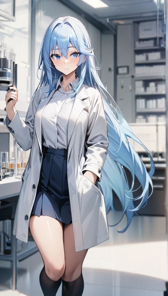 masterpiece,  is the best quality,  high quality ,  High Res, 1 Girl,  alone , Aqua (Konosuba),  blue hair, Long hair,  blue eyes,  white shirt  ,Long white coat, Black office skirt, Thigh socks, whole body,  to a standing,  puts her hand in her pocket, Boring, Depth of Field, laboratory,