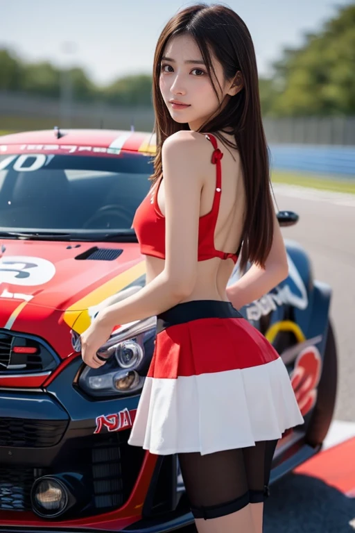 (((One Shoulder Mesh Girls Clothing))),(((Dynamic poses))),(((Mid-abdomen peek))),(((Show under chest ))),(((Red and White Mini Skirt Lift))),(((Bare inner thighs))),(((Formula One car on display))),ulzzang-6500-v1.1, (original photo:1.2), (Photo-realistic:1.4), A beautiful and delicate girl, Extremely detailed eyes and face, Beautiful and delicate eyes, Ultra Detailed, high resolution, Top quality,masterpiece, Very detailed, 8K Wallpaper, wonderful, Fine details, Top quality, There is light on the face,light,1 girl in,(Car race track),beautiful eyes,Smile,open mouth