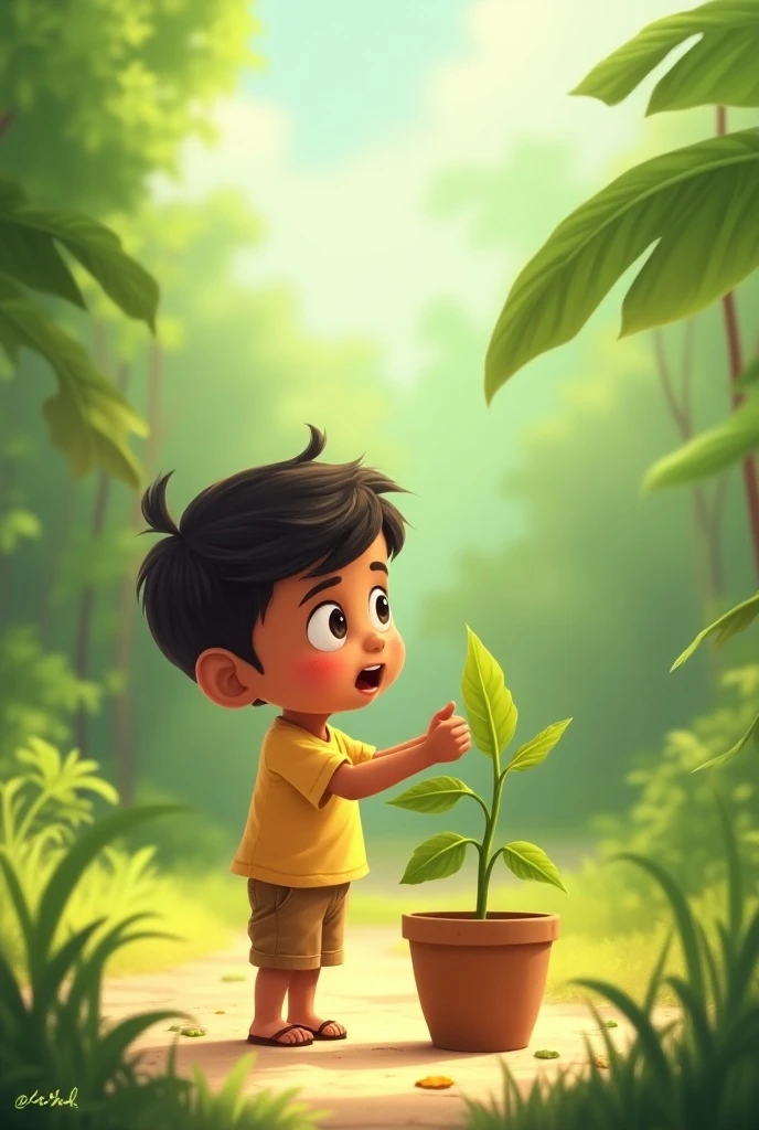 An 8- Indian boy fills soil inside a pot