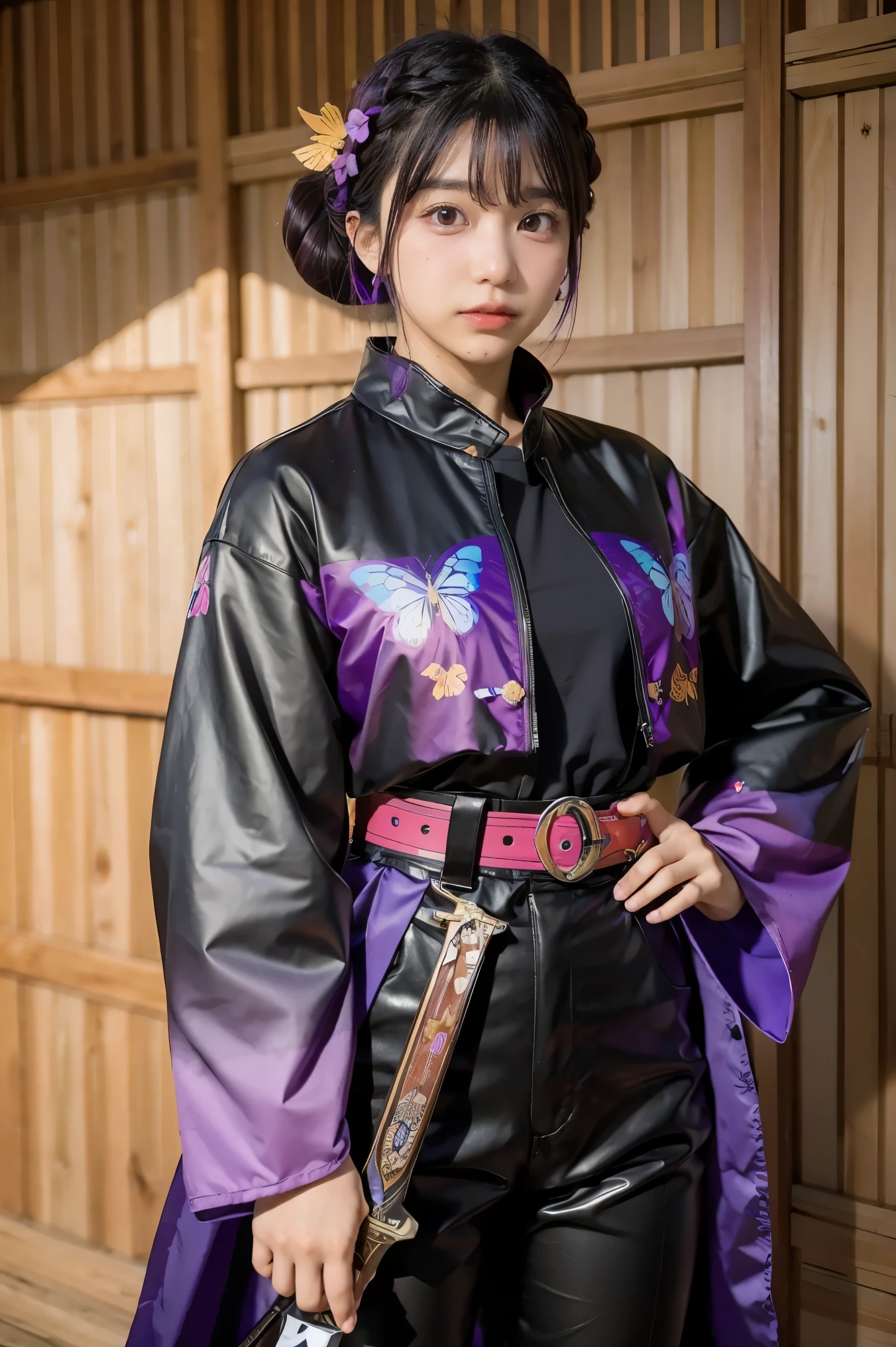 masterpiece, best quality, highres, 1girl, solo, kochou shinobu, butterfly hair ornament, purple eyes, multicolored hair, short hair, parted bangs, haori, wide sleeves, long sleeves, black pants, black jacket, belt, cowboy shot, holding weapon, sword