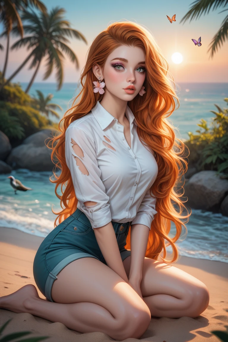 Create an ultra-high resolution image with photorealistic details, 8K quality, sharp focus, and impeccable lighting. Utilize advanced rendering techniques, ray tracing, and global illumination for maximum realism. Depict a beautiful woman with petite, natural, soft curves, graceful, rounded hips, and small, gentle breasts. She has very long, flowing ginger hair that complements her pale skin with a cool undertone. Her features include striking emerald eyes, warm terracotta lips, earthy taupe eyeshadow, and a touch of muted peach blush. She gazes with a curious yet cautious expression, reflecting her thoughtful and introspective nature. A light-colored Anemone flower is tucked in her hair, and she wears small emerald earrings. She’s dressed in a loose, white button-down shirt that appears torn and weathered, paired with khaki shorts that share the same rugged texture. She’s barefoot, sitting cross-legged with one hand resting gently on her knee. The setting is a deserted tropical island, framed by tall palm trees and a peaceful, foggy beach at dusk. Birds fly across the dimming sky, butterflies flutter in the background, and shells and starfish are scattered on the sand. Soft, warm sunset light creates a romantic ambiance, with subtle reflections off the water and a foggy background that adds depth. Diffused light highlights her gentle, feminine curves, capturing her allure in a natural and unassuming way. Camera focus on her upper body, with a 35mm lens, bokeh effect, and Depth of Field.