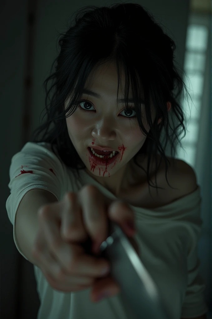 cinematic horror long-shot of a young beautiful Japanese woman that is laying on the floor, on a rough wooden dungeon table, hiding, terrified, scary pose, frightened look, looking sides, soaked wet, bloody dark wet Japanese room, wearing thin strapped sleeveless shirt, very short hair, hyper realistic female soft skin, wet skin, hyper realistic female body, Hyper realistic manga style, high quality, fitted legs, very detailed female anatomy, hyper realistic hands anatomy, veins, 4k resolution, crawling, horror photo, still from Japanese horror movie, film still from a horror movie.