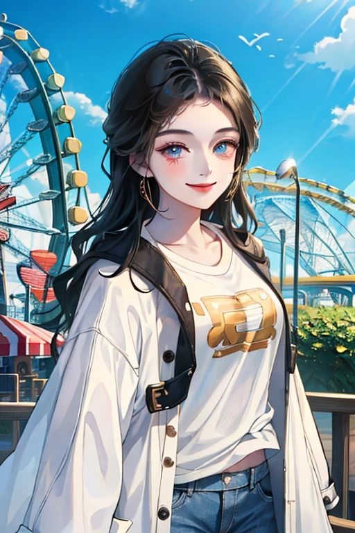 a girl with black hair , white shirt with short jean and a jean coat ,at an amusement park , slightly smiling (detailed face / clothes / eyes etc 